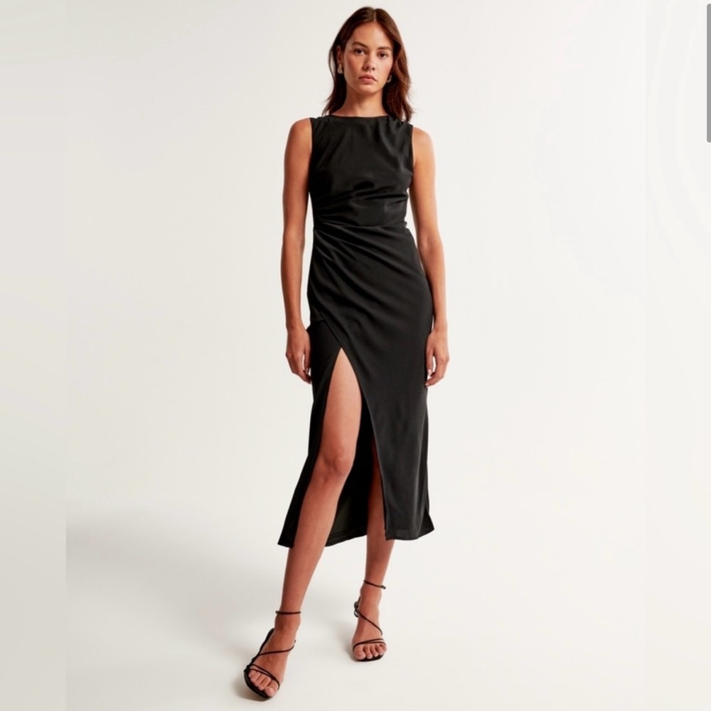 Black midi shell dress in matte satin